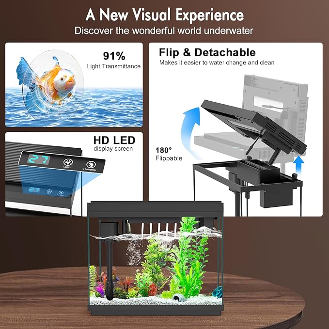 Smart Aquarium Fish Tank with Silent Water Pump, 2.4 Gallon Small Aquarium with Quick Start Kit, Temperature Display, Humidifier and RGB Lights, Perfect for Home, Office, and Decor, Black