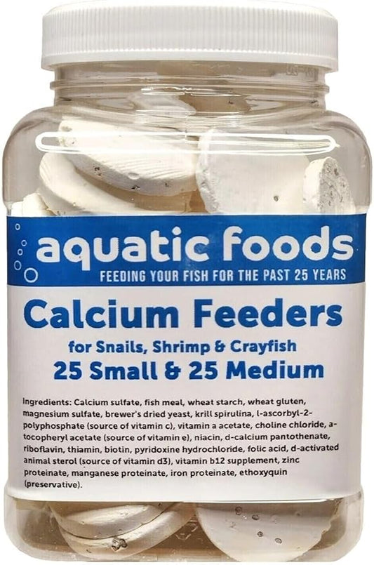Calcium Enriched Sinking Feeder Disks for Shrimp, Snails, Crabs, Crayfish, Hermit Crabs, Plecos, Catfish, All Tropical Fish. 25 Small & 25 Medium Discs Small Jar