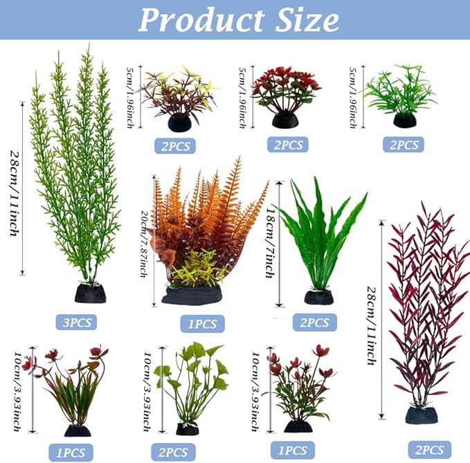 Aquarium Plants,Artificial Fish Tank Decorations Decor Plastic Plants Set 18 Pcs Landscaping Decorations Fish Tank Accessories,Small to Large,Tc1801
