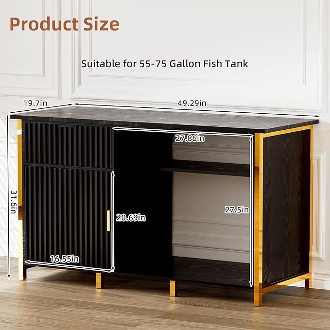 55-75 Gallon Fish Tank Stand with Power Outlets, LED Light, Vertical Lines, Heavy Duty Aquarium Stand with Cabinet for Fish Tank Accessories Storage, Turtle Tank, Reptile Terrarium (Black and Gold)