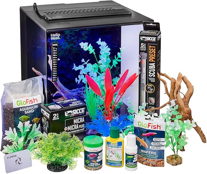 HelloReef 15 Gallon Glofish Complete Freshwater Aquarium Kit with App Controlled Smart LED Lighting, Filtration, Glofish Decor, and Guided Online Learning Center
