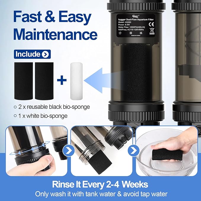 hygger Fish Tank Filter 120GPH, 8.5W Hang on Back Aquarium Filter with Multi-Stage Filtration for Up to 20 Gallon Fish Tank, Quiet HOB Filter for Freshwater & Saltwater Aquariums