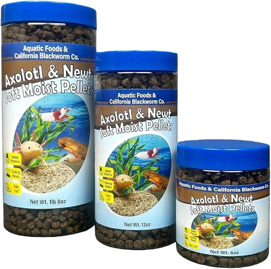 Axolotl Pellet Food 1/4" Soft Moist Sinking Pellets for Juvenile Axolotl Also Shrimp, Snails, Crayfish, Bottom Tropical Fish, Blackworm Pellets Included 1-lb 8oz Canister