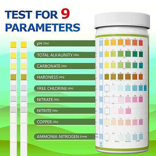 Aquarium Ammonia Test Strips - 150 Fish Tank Testing Strips for Freshwater Saltwater - Pond Water Tester Kit - Rapid Accurate Easy to Test pH, Nitrate, Nitrite, Ammonia and More (9-Way)