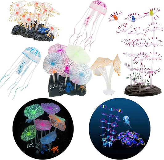 Cayway 6 Pack Aquarium Fish Tank Glowing Simulation Coral Plant Ornaments - Glowing Silicone Mushroom Lotus Aquarium Ornaments