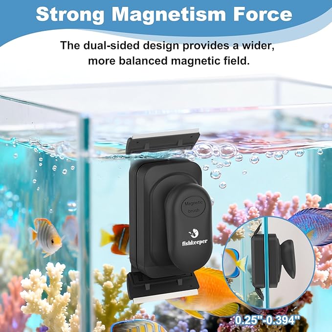 fishkeeper Magnetic Aquarium Glass Cleaner, Dual-Blades Algae Fish Tank Glass Cleaner Brush for 0.2-0.4 Inch Thick Glass Aquariums Tank, Self-Floating Scrubber Brush with 4 Detachable Scraper (M)