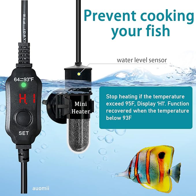 Mini Submersible Aquarium Heater, 25/30/50/100/150/200 Watts Adjustable Fish Tank Heater, Built-in Thermometer, External Temperature Controller, Smart Memory, Used for 1-60 Gallons (30W Plug)