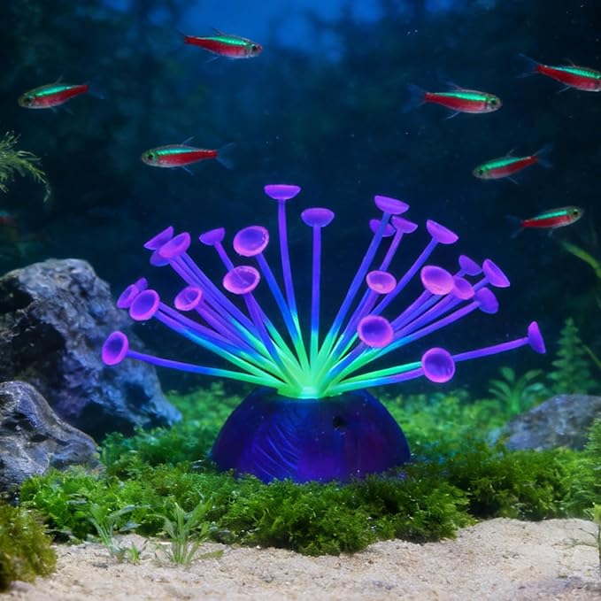 Suction Cup Anemone Aquarium Decor with Silicone Tentacles, Realistic Coral Reef Ornament for Saltwater and Freshwater Fish Tanks, Flexible Habitat for Shrimp, Invertebrates & Aquascaping (Purple)