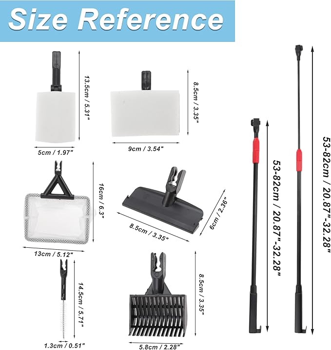 Fish Tank Cleaning Tools, 6 in 1 Fish Tank Cleaning Tools, Aquarium Cleaning Kit, Adjustable Telescopic Long Handle, with Scraper, Fish Net, Gravel Rake, Sponge Brush