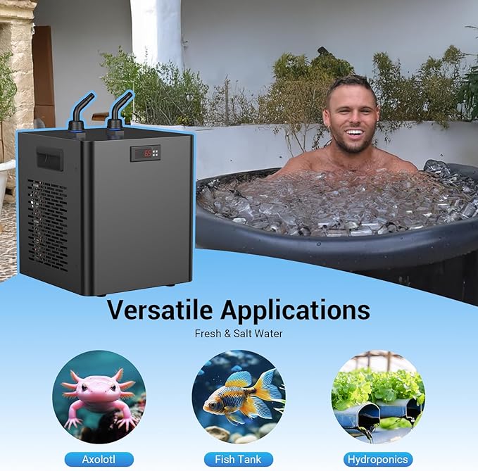 Water Chiller for Aquarium Hydroponics and Cold Plunge, Chiller with Submersible Pump & 1/2" Pipe, Ideal for Ice Bath Tubs Cold Therapy Recovery, Axolotl Jellyfish Coral Reef Tank