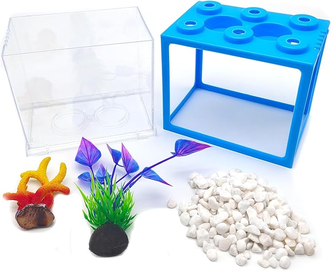0.25 Gal Blue Stackable Mini Fish Tank Kit | Desktop Aquarium with Gravel & Plastic Plants Resin Decorations | Sea Monkeys Kit for Aquarium Enthusiasts