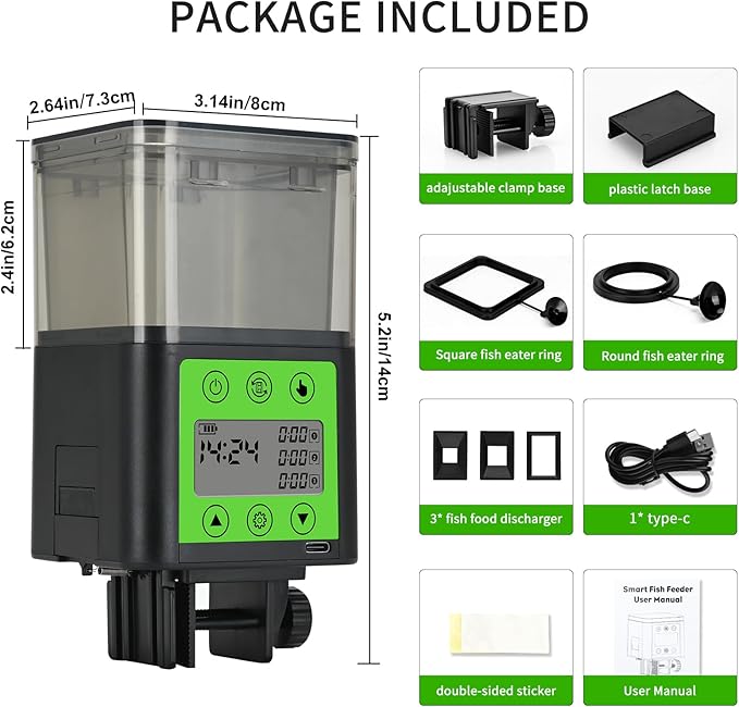 Podazz Automatic Fish Feeder for Aquarium with Timer, LCD Display 320ML Large Capacity Adjustable Fish Dispenser, Operated Feeders for Goldfish, Turtle for Vacation, Weekend or Daily Use(Green)