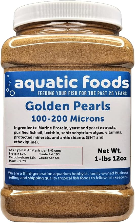 Golden Pearls 100-200 Micron Powder for Fry, Babies of Shrimp, Axolotls, Discus, Cichlids, Catfish, Tetras, Angel Fish, Guppies, Bettas, Goldfish, Corals, Reefs..1-lb 12oz Med Jar