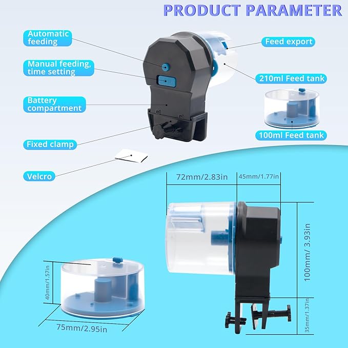 Automatic Fish Feeder,Feeder Automatic Dispenser,with Two Food Containers 100/210 ML Capacity, Fish Feeding Ring, Suitable for Vacation Weekend Day, Small Tank, Big Aquariums