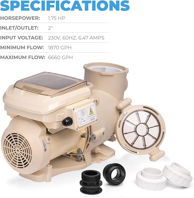XtremepowerUS 1.75 HP Variable Speed Swimming Pool Pump 230V, In-Ground Pool, 6,660 GPH High Performance Max 1.75HP with Adapter Fitting Set (Inlet Fitting 1.5" / 2")