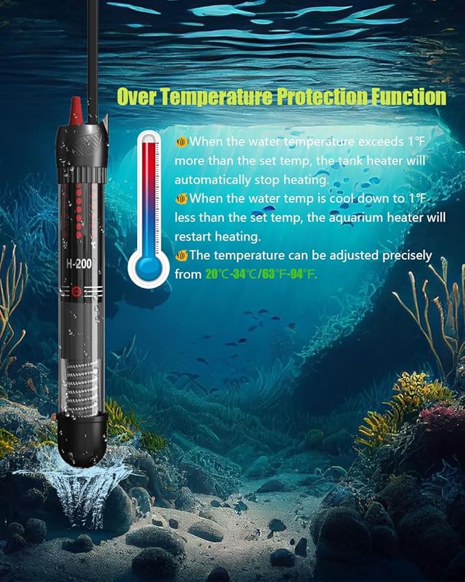 KINGYEENUO Aquarium Heater 50W, 20 Gallons Tank Submersible Aquarium Heater, Temperature Adjustable, Betta Turtle/Fish Tank Heater, Built-in Thermostat Control, with Extra Sucker Cup