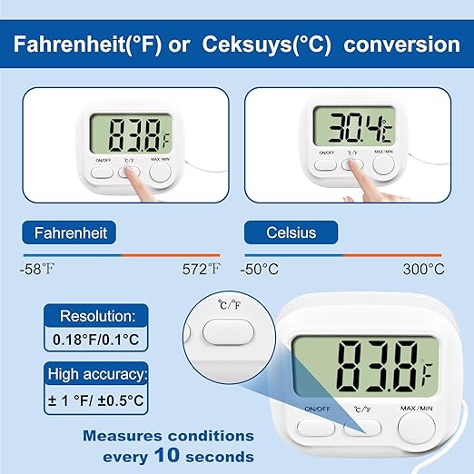 Digital Aquarium Water Thermometer with Large LCD Screen, Measurement Range -58℉ to 572℉, Display ±1℉/±0.5℃, Fish Tank Decoration Accessories, Idea for Reptile, Aquatic, Tub, Refrigerator and Freezer