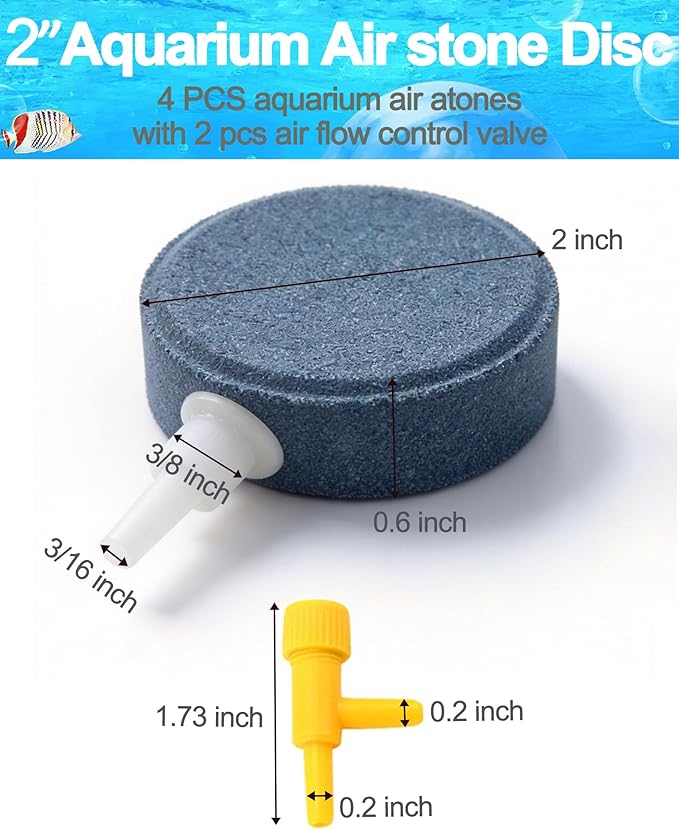 Air Stone for Aquarium Fish Tank, 2 Inch Air Stone Disc Bubbler, Aerator Diffuser with 2 Control Valve, Air Pump Accessories for Nano Buckets Small Ponds Hydroponics and DWC Reservoirs, 4 Pack