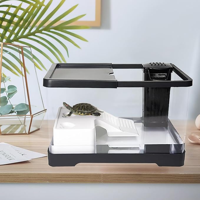 Upgraded 3 GAL Turtle Tank Kit(Tank+3.5W Filter+Basking Platform),Fish Tank Starter Kit, Aquarium for Crabs,Fishes,Amphibians,Reptiles(12 * 7.7 * 7.2 Inch)