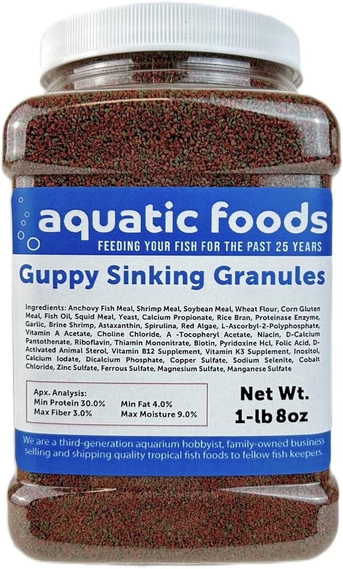 Guppy Micro Sinking Granules, Color Enhancing and Spirulina Mix for Guppies, Tetras, All Live Bearers, Baby Cichlids...WL 1-lb 8oz Med Jar