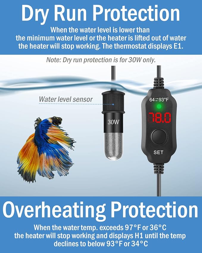 AquaMiracle Mini Aquarium Heater 10W Small Fish Tank Heater for 1-2 Gal Tanks, Digital Display Thermostat Betta Heater with Dry-Run & Overheat Protection, Memory Function