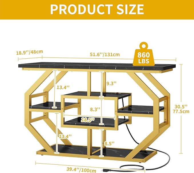 DWVO 55-75 Gallon Aquarium Stand with Power Outlet, Display Stand for Turtle Tank, Reptile Terrarium, Metal Fish Tank Stand Suitable for Living Room, Entryway, 860LBS Capacity, Black & Gold