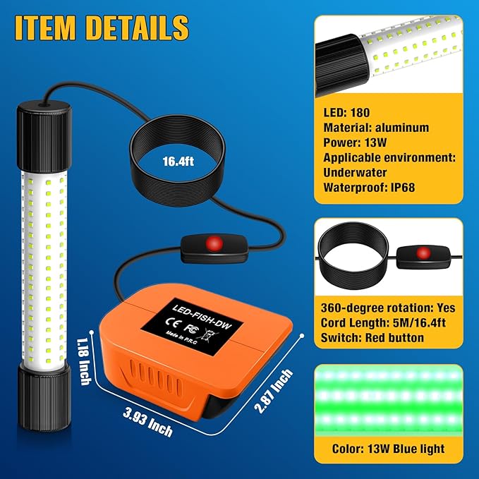 Underwater Fishing Green Light Compatible with DeWalt 20V Battery,1300 Lumens, LED Light for IP68 Waterproof Submersible Fish Lighting Attractants for Night Fishing, Docks, Boats, Kayaks(No Battery)