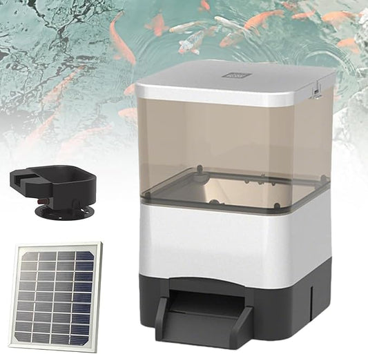 Automatic Fish Feeder,Automatic Pond Fish Food Dispenser with LCD Display,4/10 L Large Capacity with Timer Upport Battery & Ac & Solar Panel Powered Charging for Pond Indoor & Outdoor(Silver,10L)