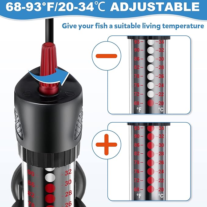 Dreyoo 2 Set 300W Submersible Aquarium Heater, Adjustable Aquarium Fish Tank Heater with 4 Thermometers Stickers and Suckers, Adjustable Knob Thermostat for Marine Saltwater and Freshwater