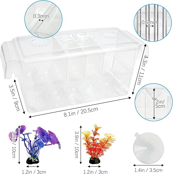 Tfwadmx Fish Breeding Box - 4 Rooms HD Aquarium Breeder with Suction Cups, Baby Hatchery Acrylic Incubator Isolation Box, Artificial Plant for Guppy Hatchery