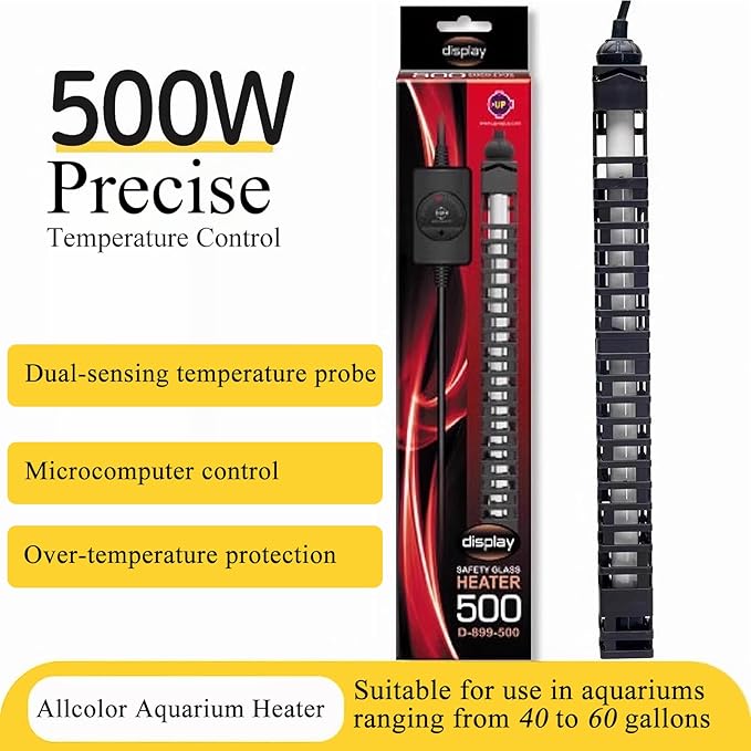 Allcolor Aquarium Heater Quartz Material 6 Safety Protection Suitable for use with 50-80 Gallon Saltwater & Freshwater Fish Tank (500w)