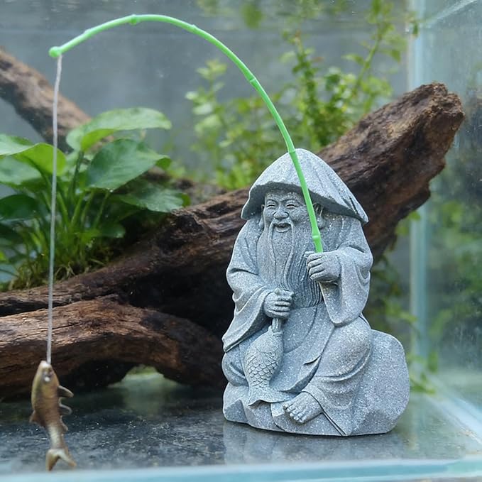 livelyfish Aquarium Fisherman Statue Japanese Old Man Figurine Sandstone Sitting Fishing Figurines for Fish Tank Garden Home Decor (E2)