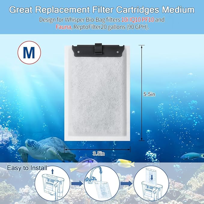 6 Pack Medium Aquarium Filter Cartridge for Whisper Bio-Bag Power Filters, Medium Replacement Filter Cartridges for ReptoFilter