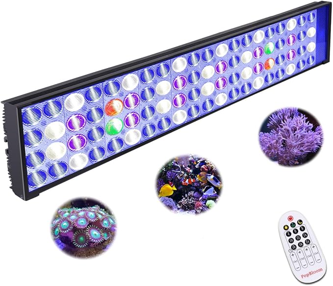 PopBloom LED Aquarium Light Dimmeable Full Spectrum LED Reef Timer Control Light for Coral Saltwater Fish Tank, Remote/Timer Control, Programmable Auto On/Off (Remote Control, with Hang Kit)