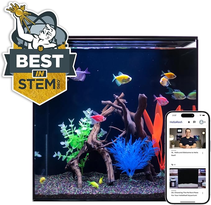 HelloReef 15 Gallon Glofish Complete Freshwater Aquarium Kit with App Controlled Smart LED Lighting, Filtration, Glofish Decor, and Guided Online Learning Center