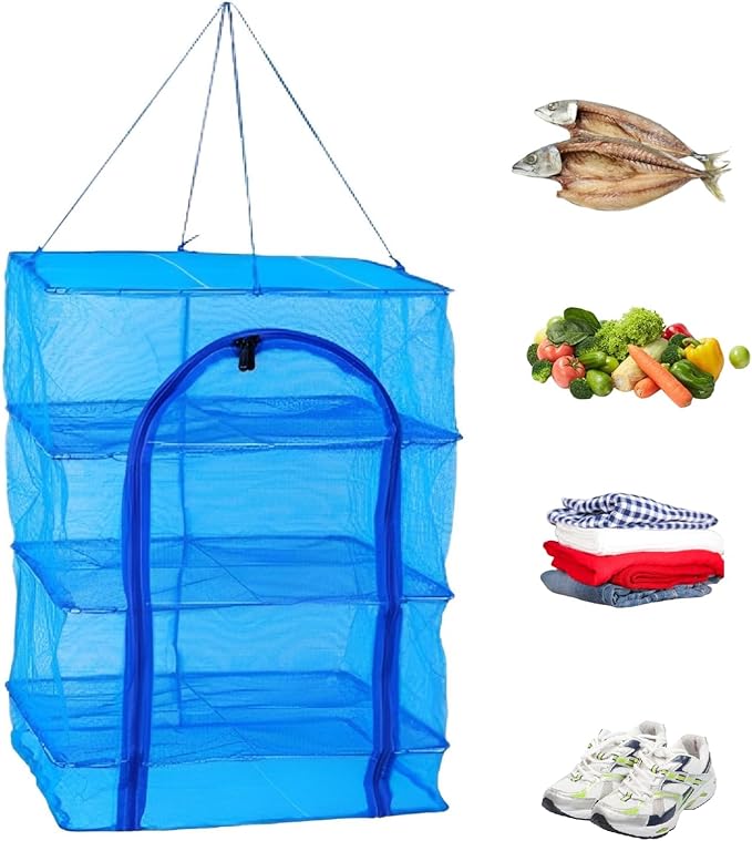 HERCHR Foldable Fish Drying Net, Collapsible Laundry Rack Net with Zippers 3 Layers Meat Drying Net Drying Rack Net Folding Fish Mesh for Shrimp Fish Fruit Vegetables