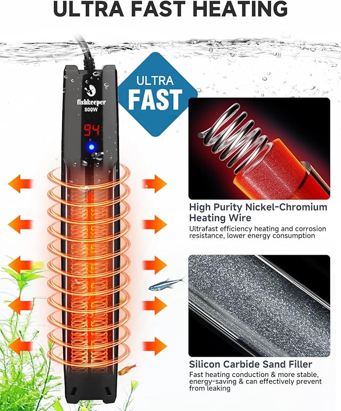 fishkeeper 800W Adjustable Submersible Aquarium Heater - PID Electronic Smart Thermostat Fish Tank Heater with Out-of-Water/Run-Dry/Overheat/Low-Temp Safrty Protection for 40-220 Gallon Fish Tanks