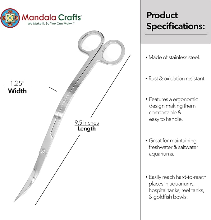 Mandala Crafts Extra Long Stainless Steel Curved Aquarium Scissors for Trimming Aquatic Plants – Wave Aquascape Scissors for Fish Tanks, Hospital Tanks, Goldfish Bowls, Aquariums, and Terrariums