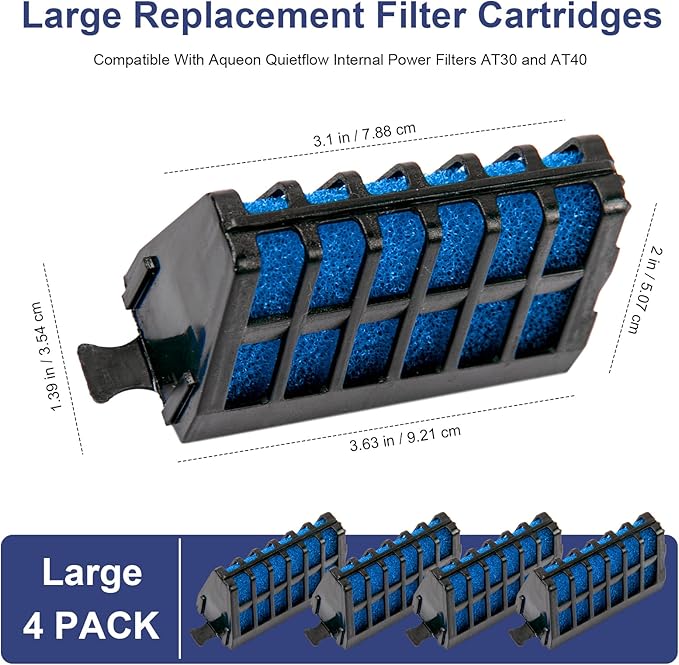 Large Filter Cartridges Compatible with Aqueon Quietflow Internal Power Filters AT30 and AT40, Fish Tank Filter Cartridge Replacement for Aquarium Freshwater Saltwater Fish Turtle, 4 Pack