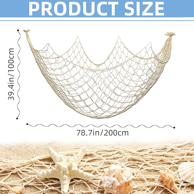 Fishing Net Decoration 79 x 39 Inch Natural Decorative Fish Net,Fish Netting for Decoration,Birthday Decorations Fishnet Decor,Decorative Fishing Nets for Wedding Beach Party