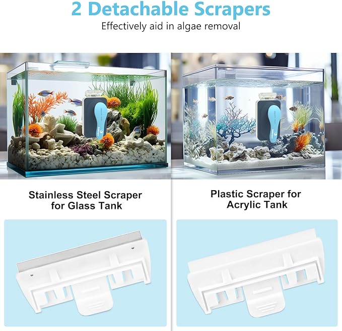 fishkeeper Aquarium Magnetic Glass Cleaner, Fish Tank Algae Magnet Cleaning Tool with Algae Scraper for Glass Aquariums Tank, Floating Scrubber Brush, 2 Detachable Scrapers, Large