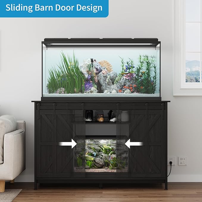 VOWNER Farmhouse 55-75 Gallon Fish Tank Stand with Power Outlet, Aquarium Stand with Storage Cabinet and Sliding Barn Door, Heavy Duty Reptile Tank Stand, for 2 Tanks, 1000LBS Capacity, Black