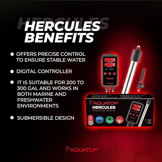 Aquatop Hercules 1,000W Titanium Heater with Digital Controller – for 300-Gallon Tanks – Adjustable Temperature – for Fresh & Saltwater Aquariums