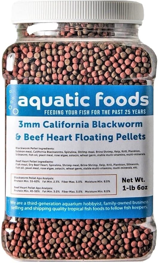 3mm California Blackworm & Beef Heart Floating Pellets, for Discus, Cichlids All Tropicals, Koi and Pond Fish…1-lb & 6oz Med Jar