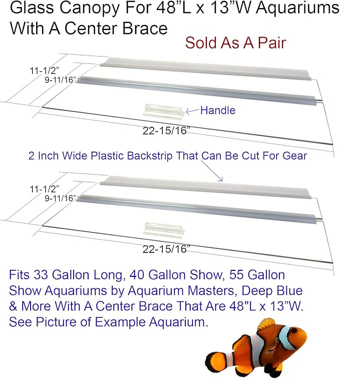 Glass Canopy Two Piece Set for Aquariums with Center Braces, (Tank with Center Brace, 48" L x 13" W)