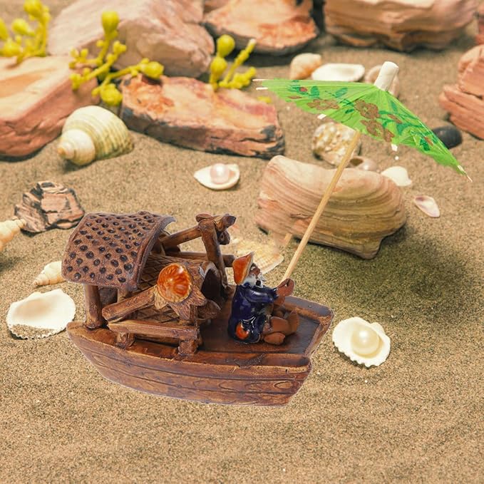 Didiseaon Micro Boat Figurine Landscape for Fish Tank, 3Inch Mini Ceramic Vintage Boat Ornament for Garden Bonsai Sand Table Crafts