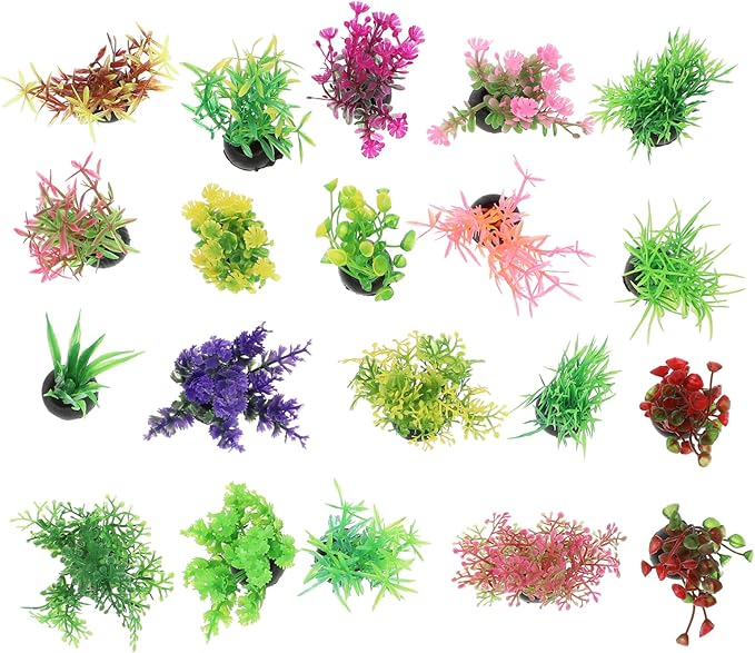 SEWACC 20pcs Artificial Fish Tank Plants Plastic Grass Plants Aquarium Decorations, Simulation Water Grass, Mixed Style, Small Betta Goldfish Turtle Tank Accessories