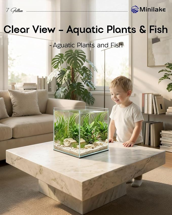 7 Gallon Clear Glass Fish Tank, Cube Aquarium Fish Bowl Ultra Clear Rimless Design for Betta Goldfish Snails Shrimp Aquatic Planting