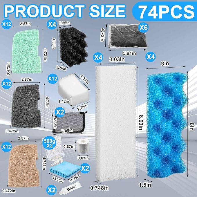 Threlaco 74 Pcs Filter Media Compatible with Fluval 306/307, Aquarium Replacement Media Kit, Foam, Activated Carbon, Nitrite/Phosphate/Ammonia Remover, Towel, Grease, Mesh Bags