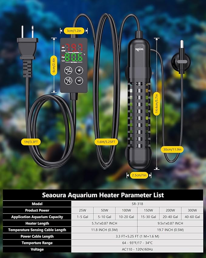 SEAOURA Small Aquarium Heater, 25W Mini Fish Tank Heater 1-5 Gallon Tank, Adjustable Turtle and Betta Heater with LED External Controller for Freshwater Saltwater